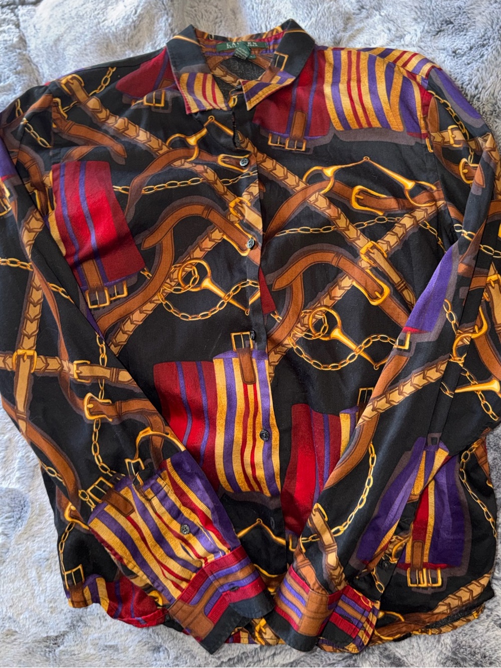 Lauren Ralph Lauren Shirt LG Equestrian Bridle Print Riding Button Down Blouse - Picture 3 of 6